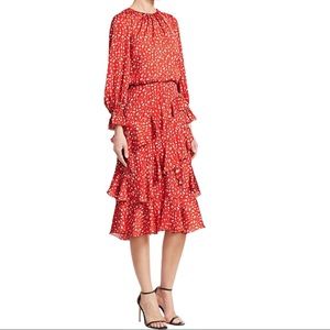 ML MONIQUE LHUILLIER Floral Ruffle Midi Dress long sleeve